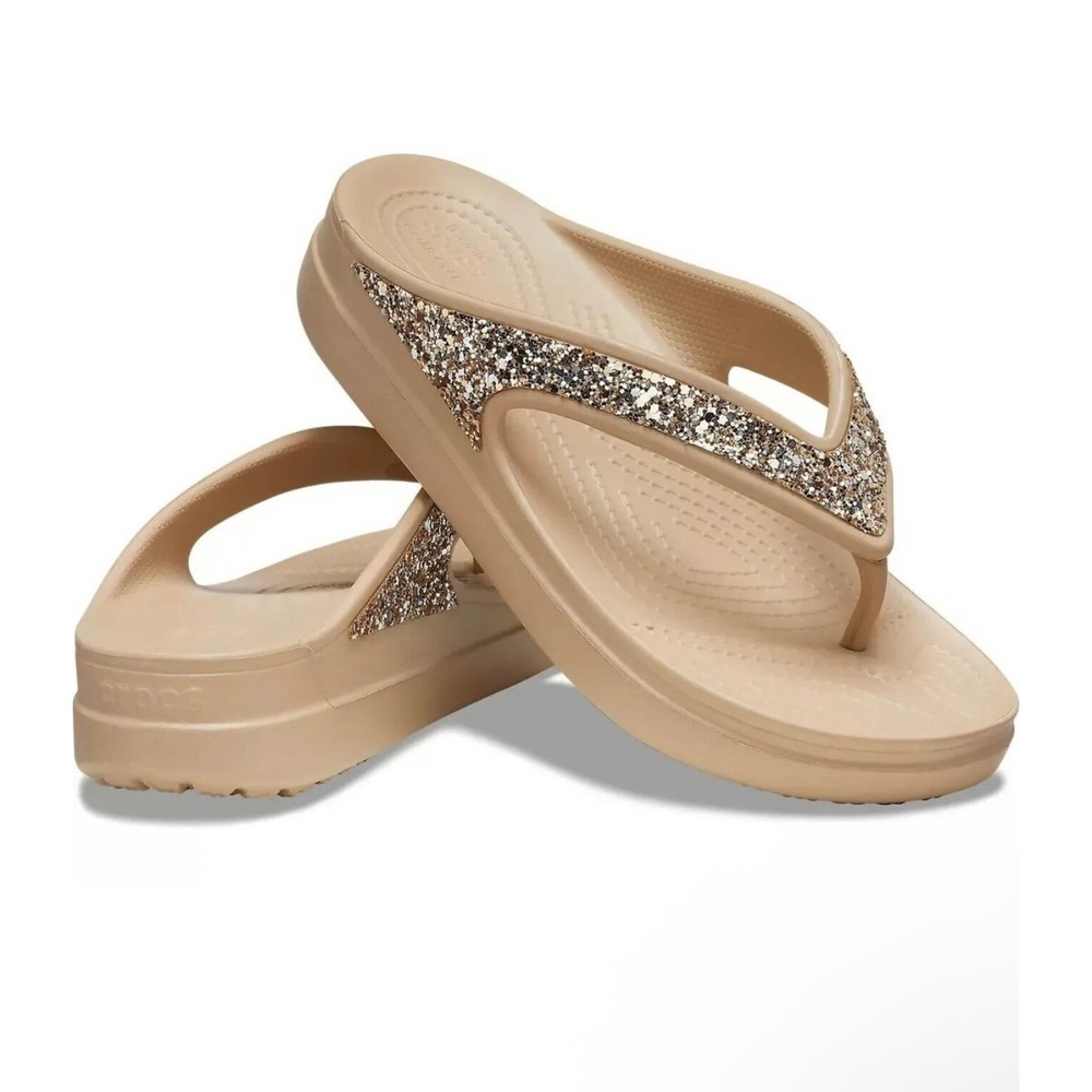 Crocs Classic Crocs Glitter II Flip Sandals Platform Thong Bone‎ Tan Beige 10